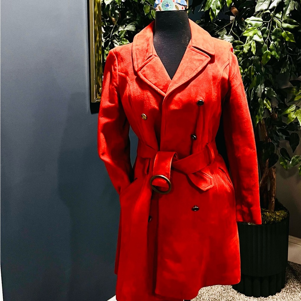 Vintage. Super cool,  Fire engine red suede trench coat.